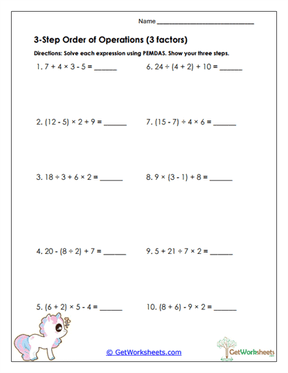 Three-Factor PEMDAS Worksheet
