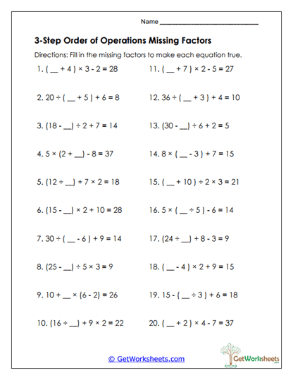 Missing Factors PEMDAS Worksheet
