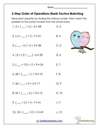 PEMDAS Matching Review Worksheet