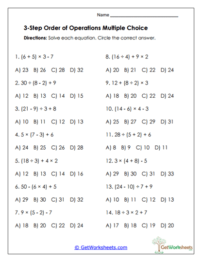 PEMDAS Multiple Choice Worksheet