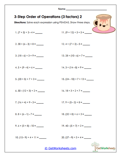 Ciphering PEMDAS Worksheet