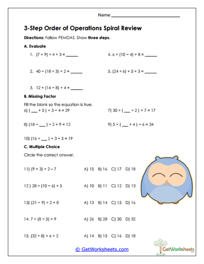 PEMDAS Spiral Review Worksheet