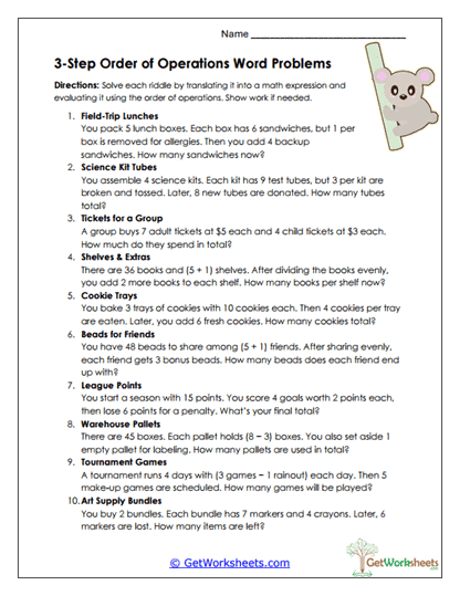 Procedure Word Problems Worksheet