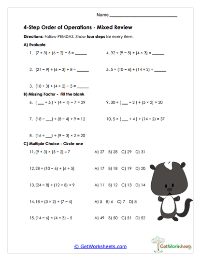 4-Step Order of Operations Worksheets