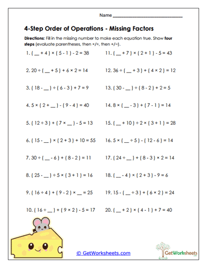 Missing Factors Worksheet