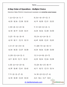 4-Step Multiple Choice Worksheet - Practicing Order of Operations