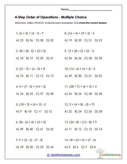 4-Step Multiple Choice Worksheet