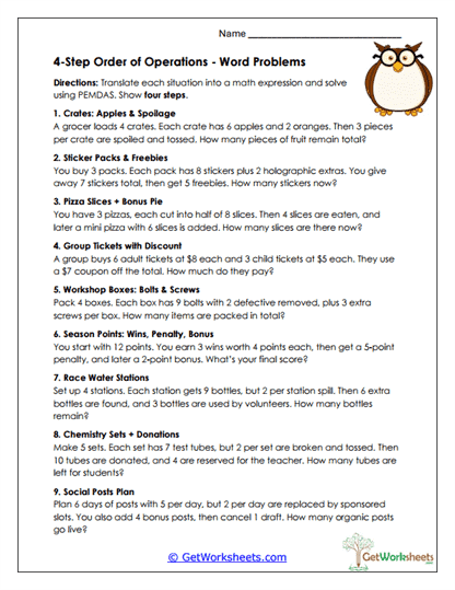 Four-Step Word Problems Worksheet