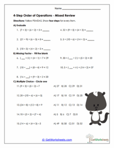 Four-Step Mixed Review Worksheet - Mastering Order of Operations