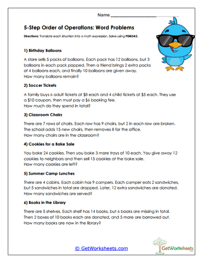 5-Step Order of Operations Worksheets