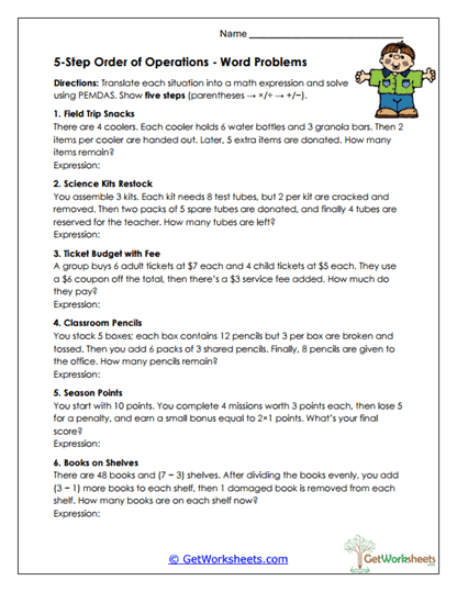 Evaluation Word Problems Worksheet