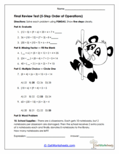 A Final Review Test Worksheet - Mastering Order of Operations (PEMDAS)