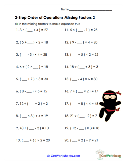 Missing Factors Set 2 Worksheet