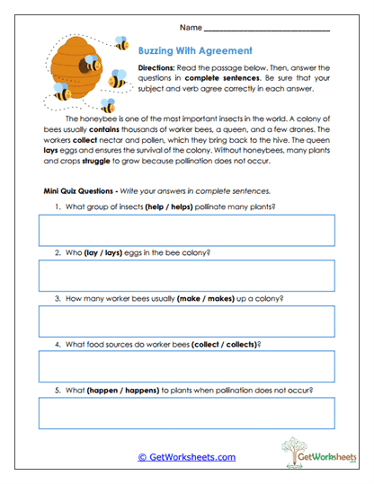 Buzzing With Agreement Worksheet