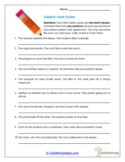 Subject-Verb Fusion Worksheet