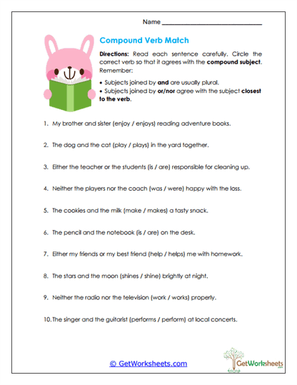 Compound Verb Match Worksheet