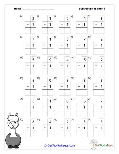 Subtracting Ones Practice Worksheet