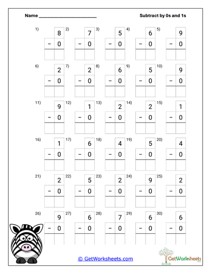 Zero Subtract Fluency Worksheet