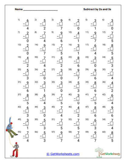 Subtract by 2s and 3s Worksheets