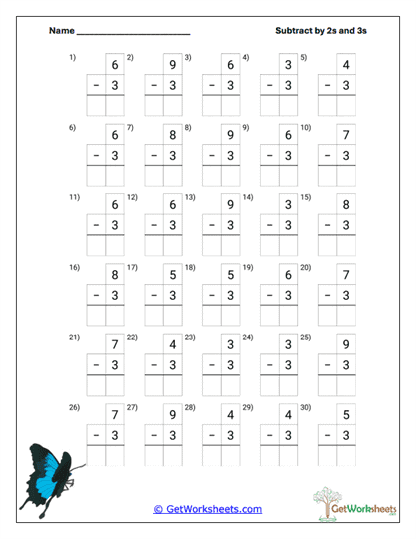 Subtracting 3s Practice Worksheet