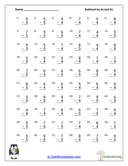 Winter Penguin Minus Facts Worksheet