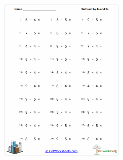 City Skyline Subtraction Worksheet