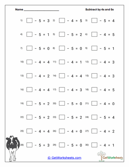 Barnyard Cow Subtraction Worksheet