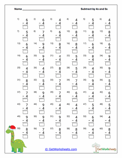 Holiday Dino Subtraction Worksheet