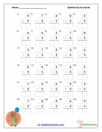 Bear Balloon Subtracting Worksheet