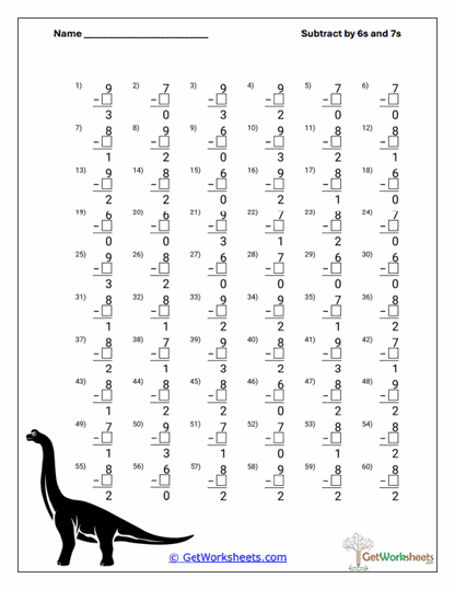 Subtract by 6s and 7s Worksheets
