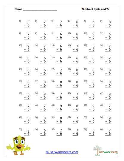 Basic Subtraction Grid Worksheet
