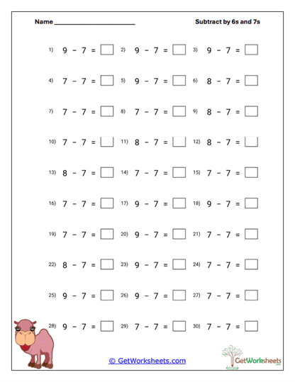Seven-Subtraction Review Worksheet