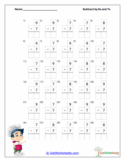 Seven Subtraction Boxes Worksheet