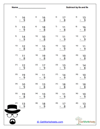 Withdrawal by 8s and 9s Worksheet