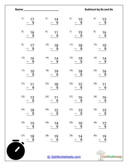 Vertical Subtraction by 9s Worksheet