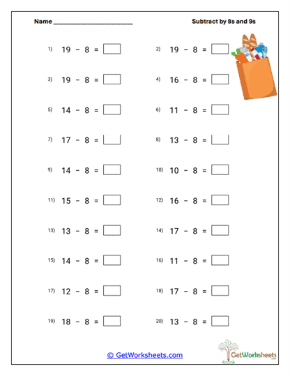 Subtracting 9s Practice Worksheet