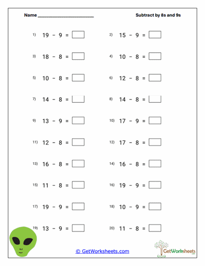 Columns by 8s and 9s Worksheet
