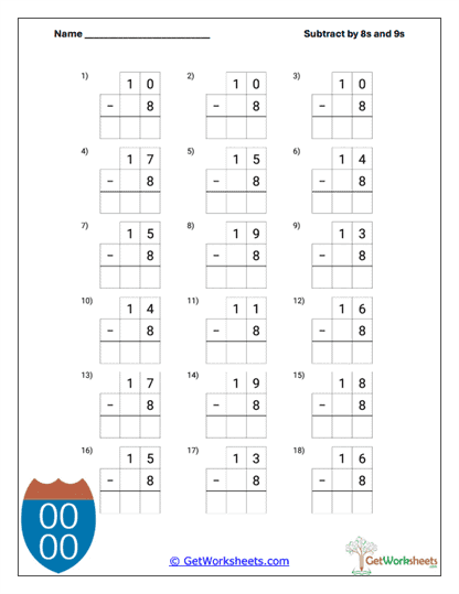 Subtracting 8s (Vertical) Worksheet