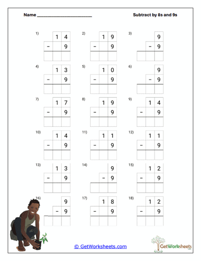 Subtracting 9s (Vertical) Worksheet