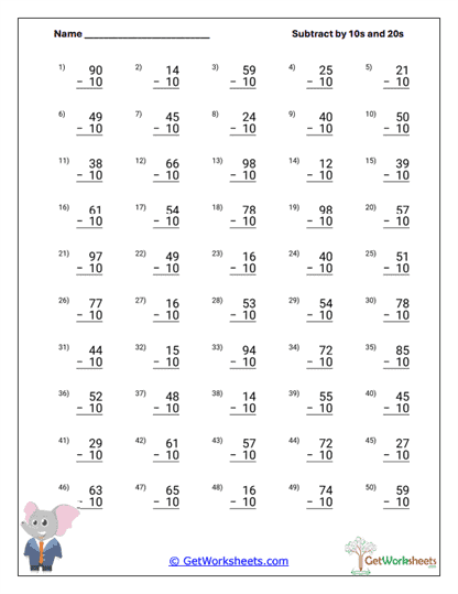Subtract by 10s and 20s Worksheets