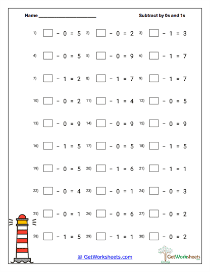 Zero-One Subtract Equations Worksheet