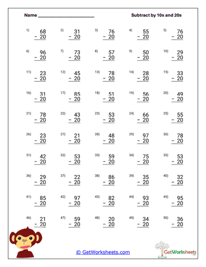 Subtracting Twenties Worksheet