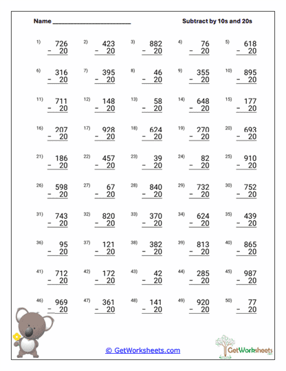 Three-Digit Subtract by 20s Worksheet