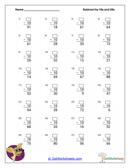 Mixed Tens and Twenties Worksheet