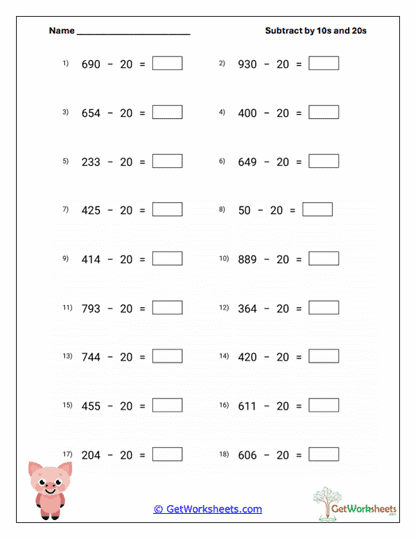 Three-Digit Twenties Differences Worksheet