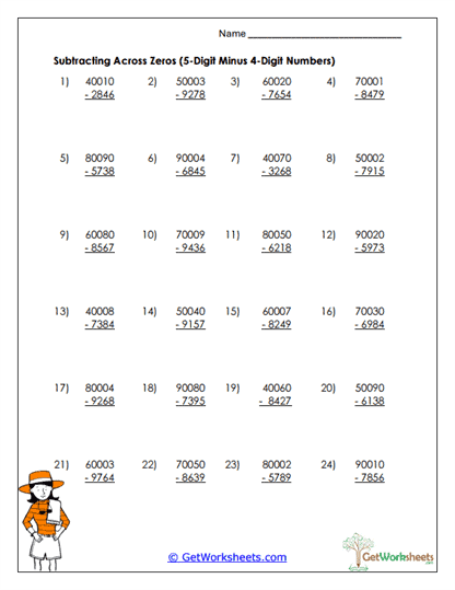 Five-Digit Minus Four-Digit Worksheet