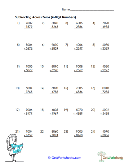 Four-Digit Zero Regrouping Worksheet