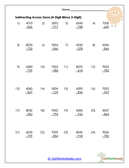 Four-Digit Minus Three-Digit Worksheet
