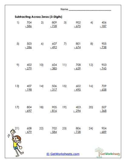 Three-Digit Zero Worksheet