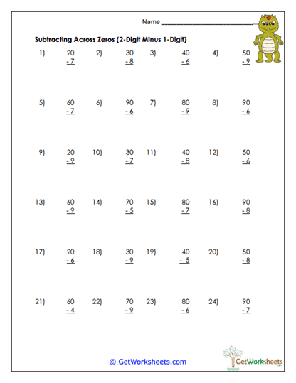 Two-Digit Minus One-Digit Regrouping Worksheet